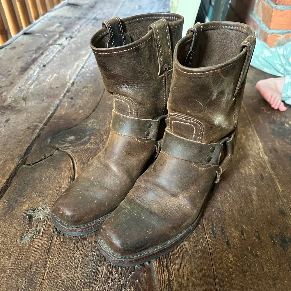 Frye Brown Harness Leather Ankle Boots